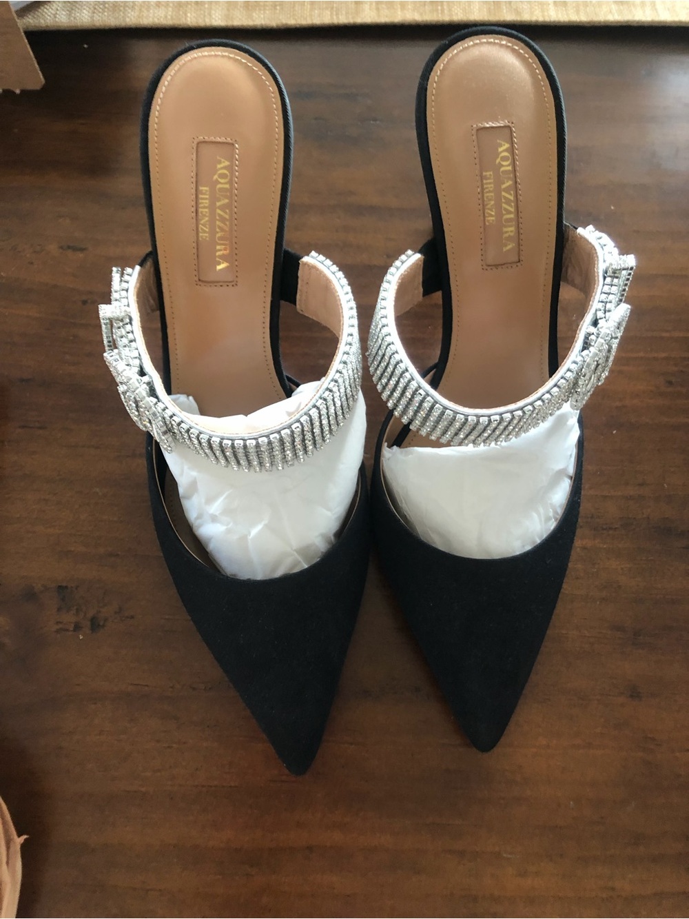 Aquazzura Black Pointed Toe Mules with Crystal Ankle Straps